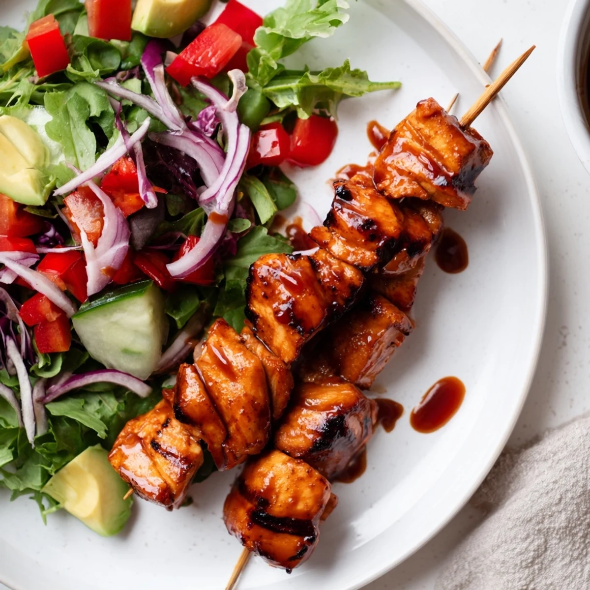 Warm skewers atop greens in this BBQ Chicken Skewer Salad Recipe, ready to serve.
