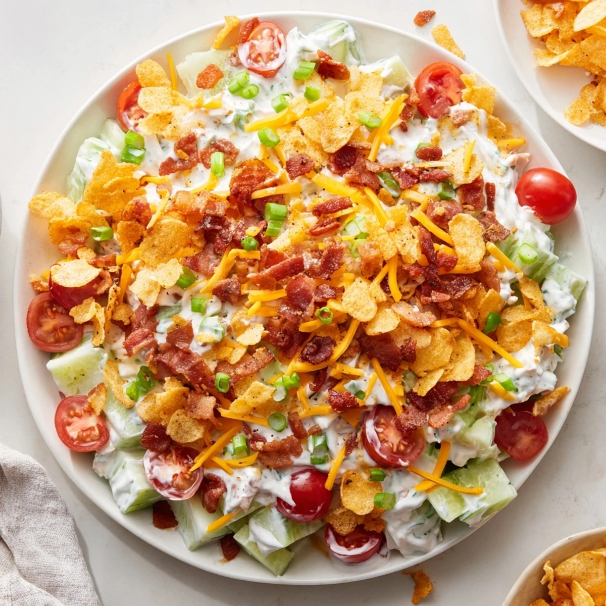 Cucumber Ranch Crack Salad Recipe in bowl, creamy dressing, crunchy bacon topping