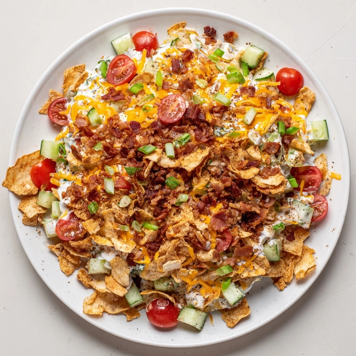 Bright Cucumber Ranch Crack Salad Recipe tossed with cherry tomatoes and crispy chips