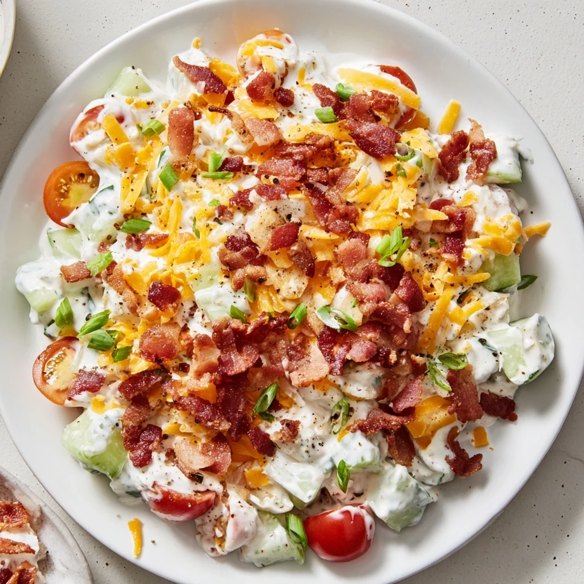 Summer ready Cucumber Ranch Crack Salad Recipe served chilled with cheddar and bacon