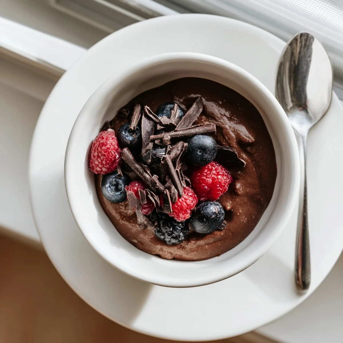Rich chocolate flaxseed pudding topped with fresh berries and shaved dark chocolate in glass serving cups