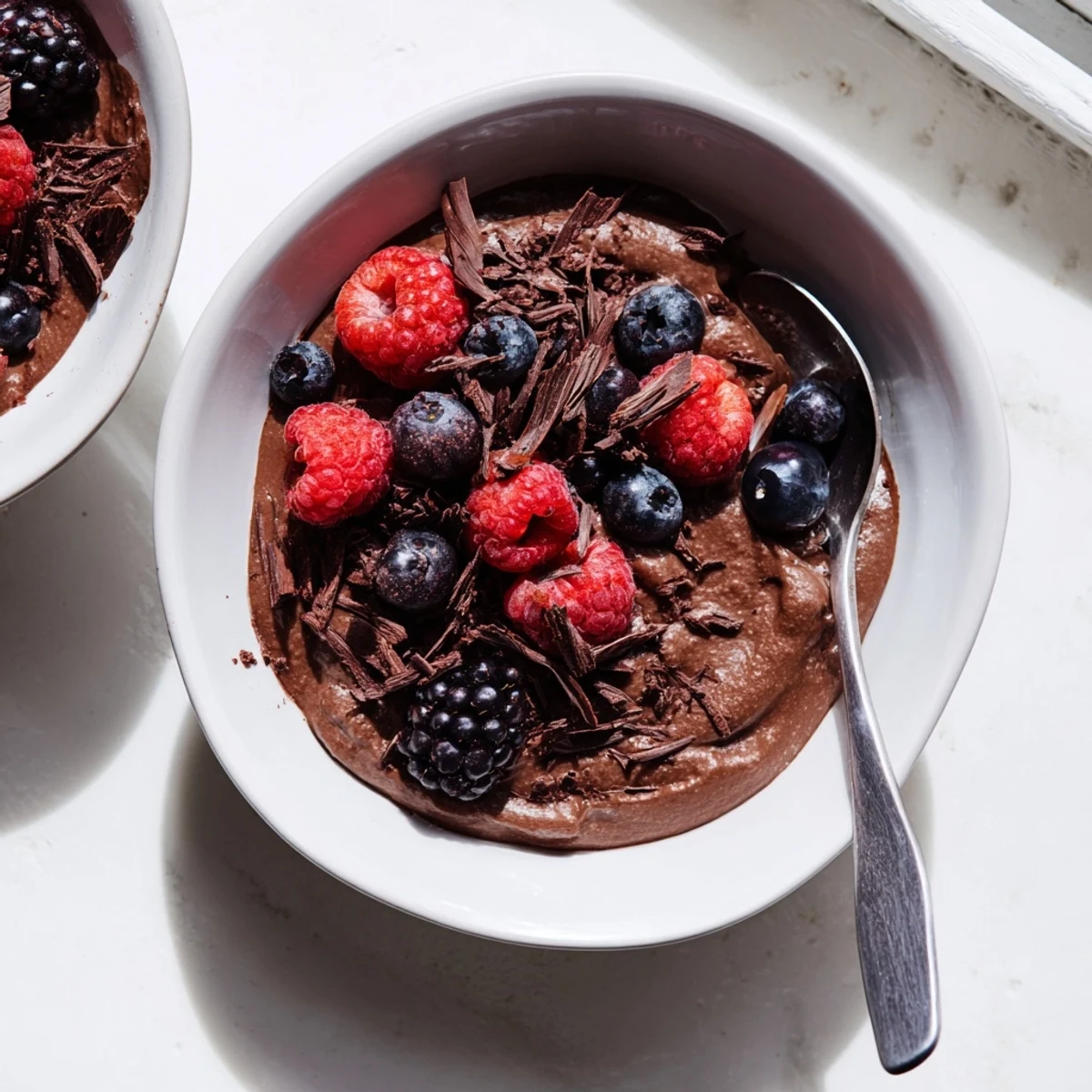 Creamy chocolate flaxseed pudding dessert showing thick smooth texture with whipped cream and chopped nuts