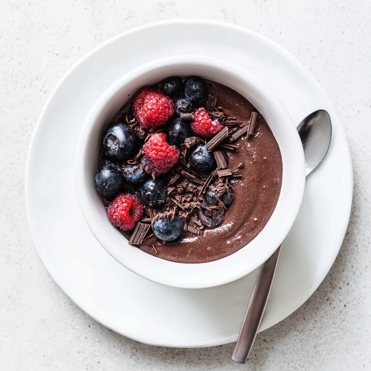 Healthy chocolate flaxseed pudding chilled in white bowls garnished with vibrant red berries and dark chocolate shavings