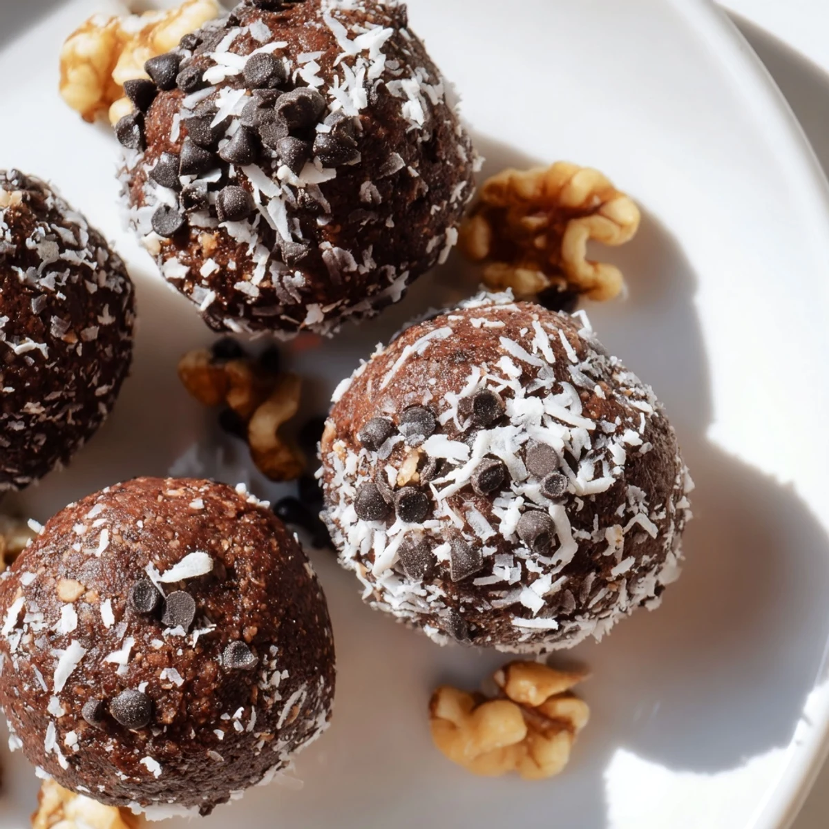 Fudgy no bake brownie bites rolled in chocolate chips and shredded coconut toppings