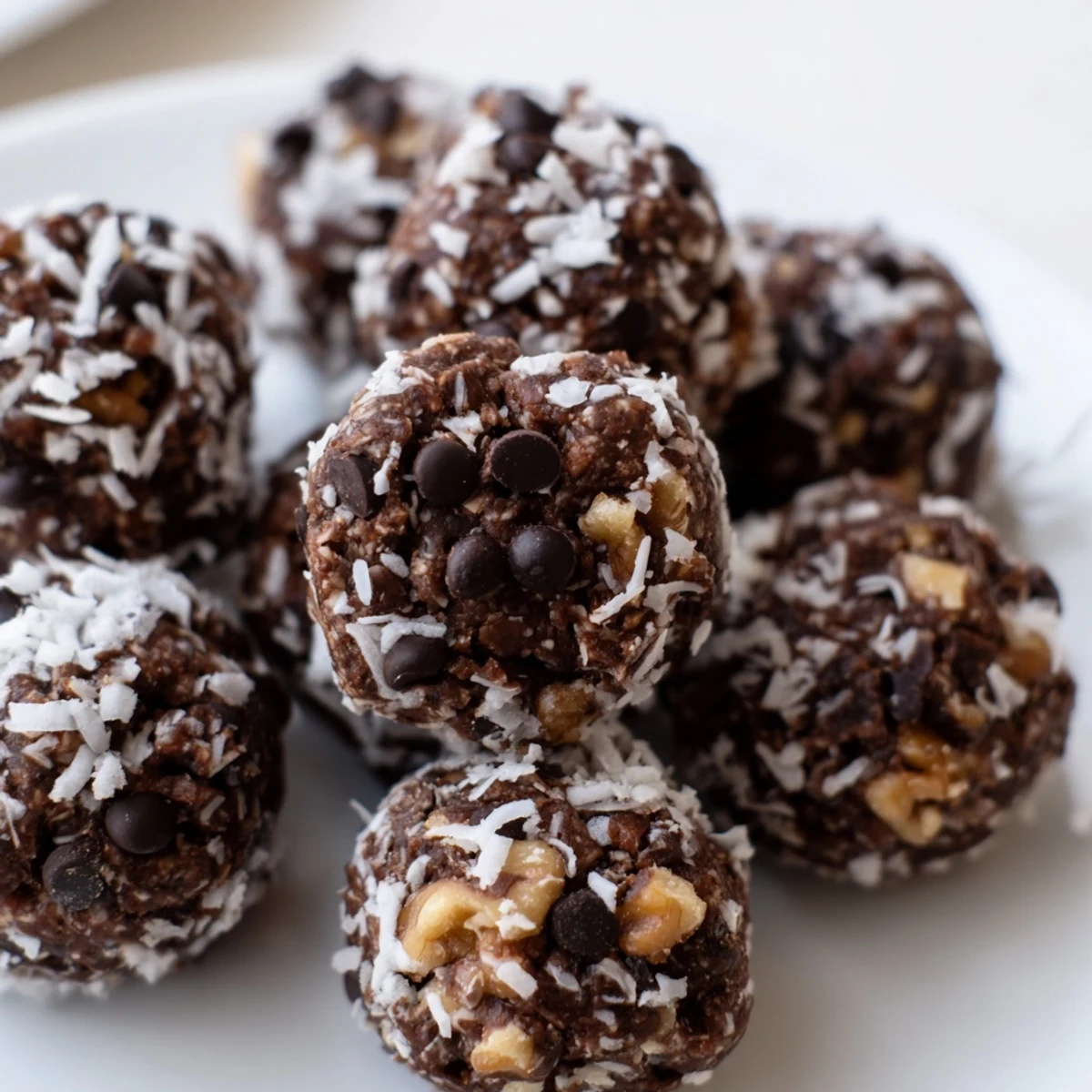 Rich chocolate no bake brownie bites arranged on a white serving platter