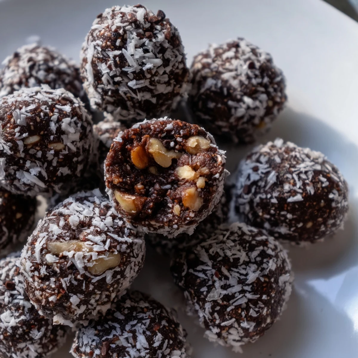 Homemade no bake brownie bites with chopped walnuts and cocoa powder coating