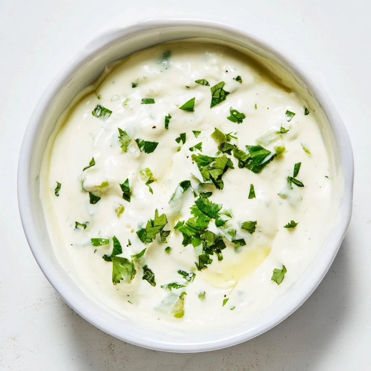 Bowl of tangy Mexican white sauce dip served beside warm tortilla chips for snacking