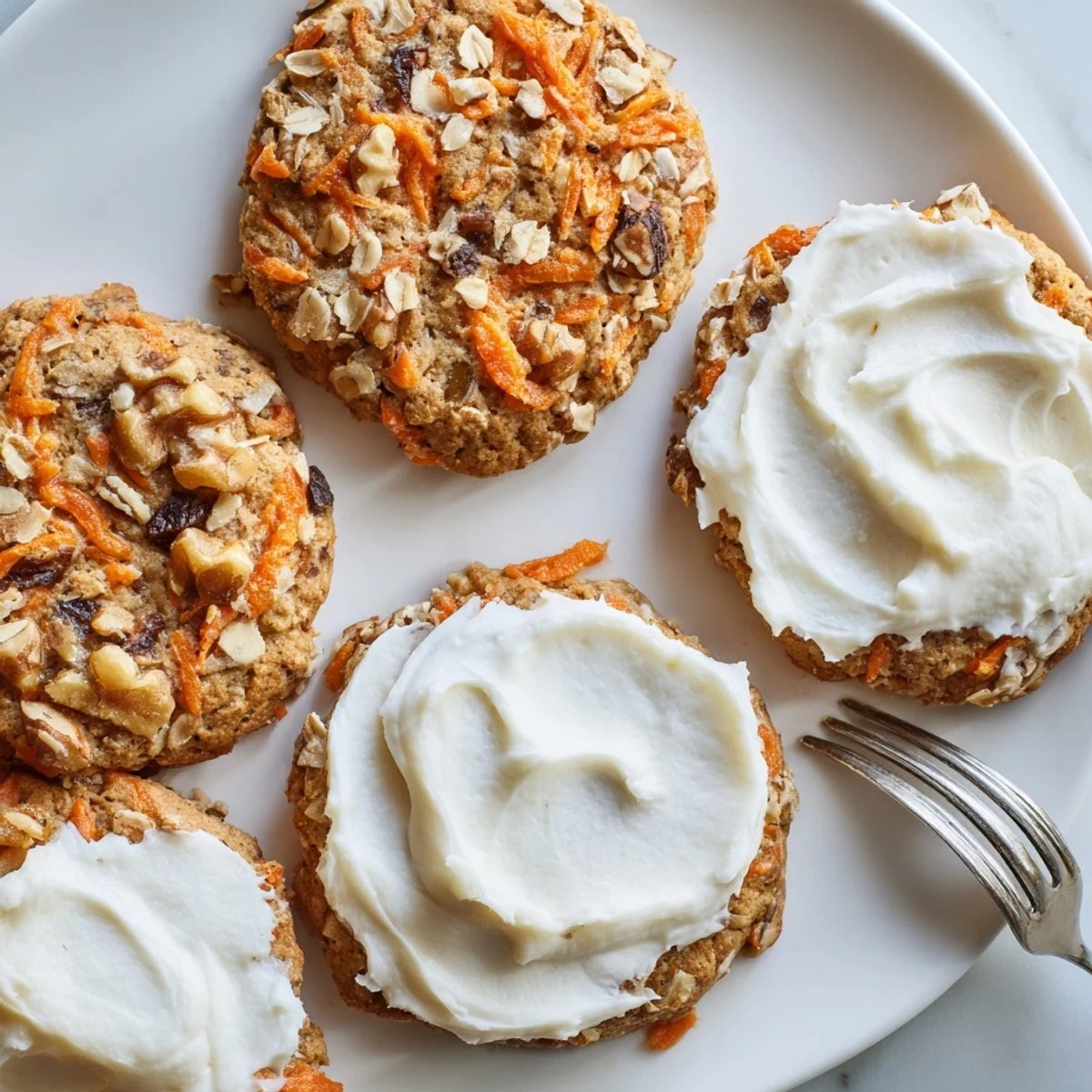 Soft baked carrot cake cookies topped with creamy white frosting and chopped walnut pieces