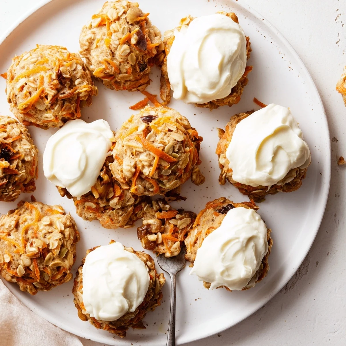 Golden spiced carrot cake cookies fresh from the oven with visible grated carrot shreds