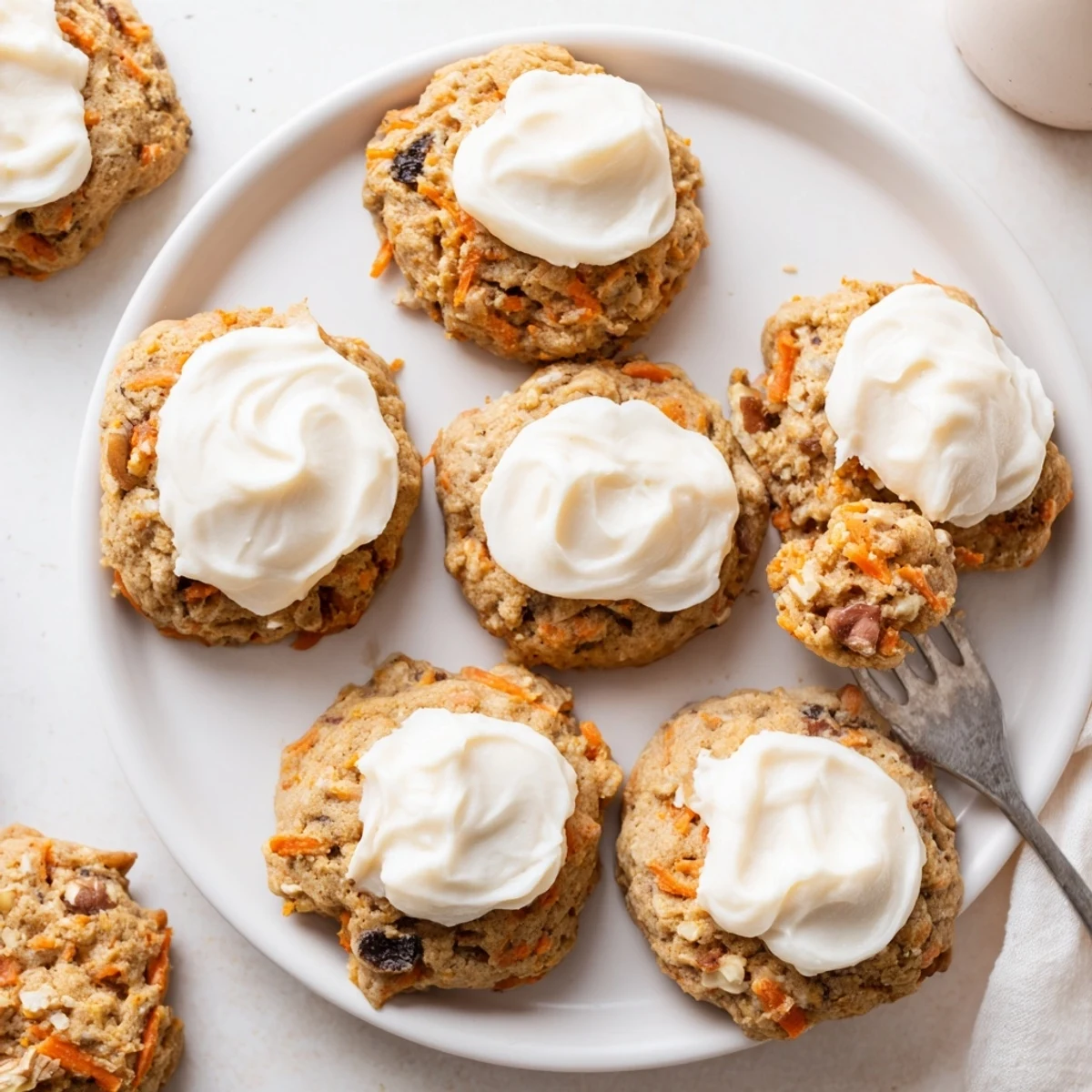 Plate of soft chewy carrot cake cookies drizzled with sweet cream cheese frosting