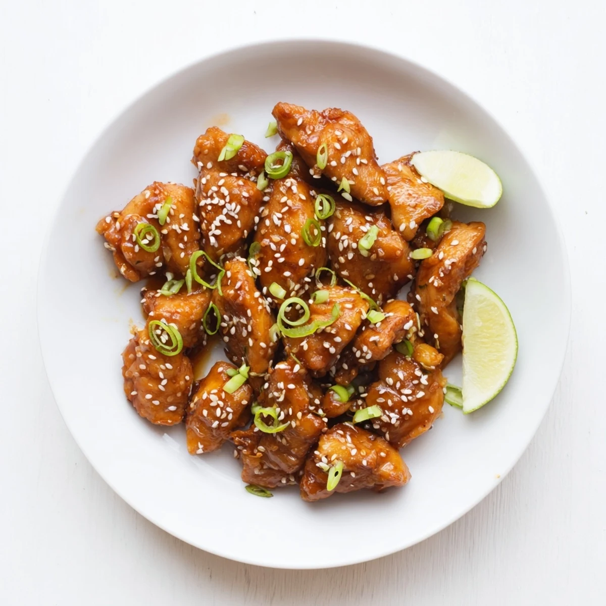 Golden brown spicy honey Sriracha chicken pieces glazed in sticky sweet red sauce