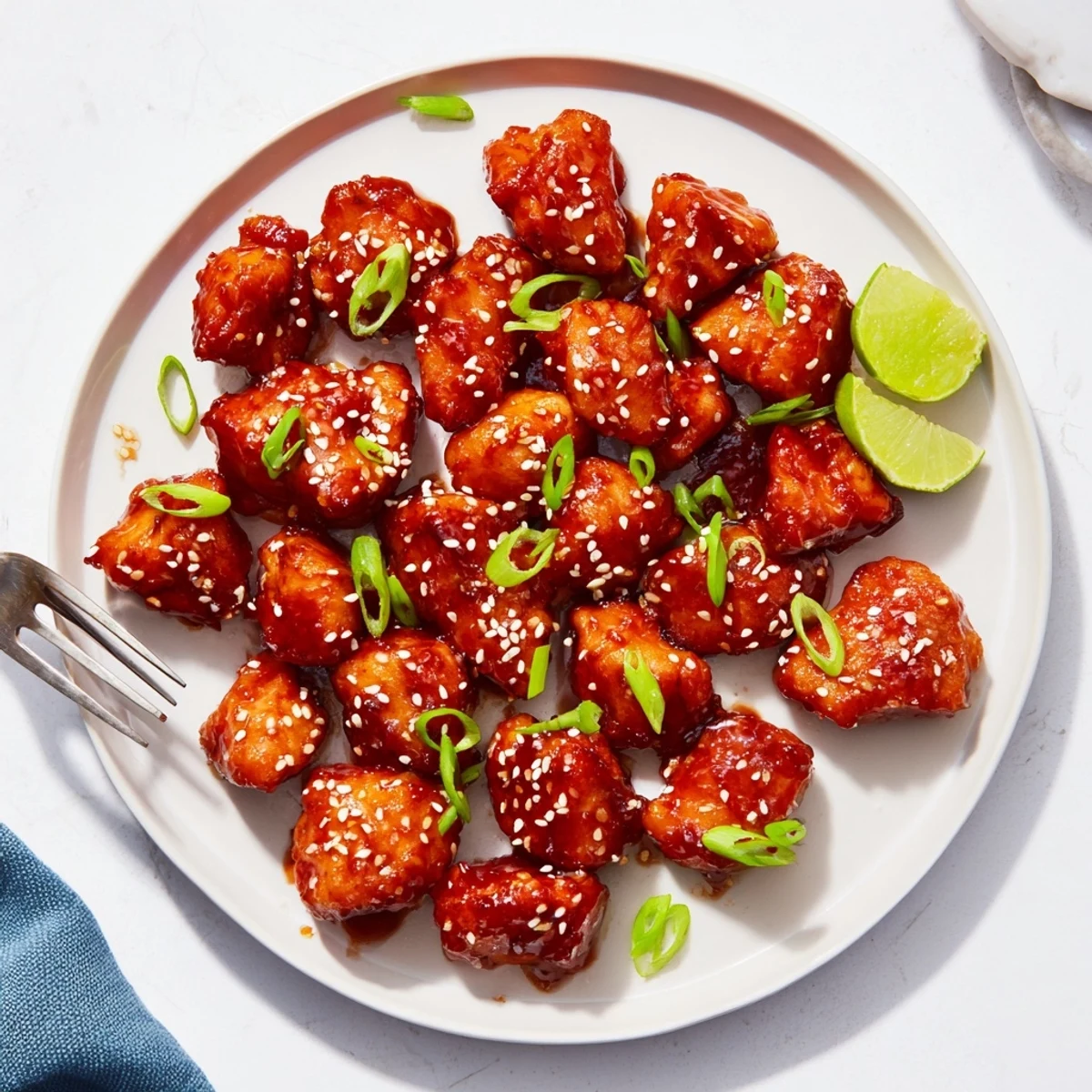 Pan seared chicken simmered in thick spicy honey Sriracha sauce over white rice