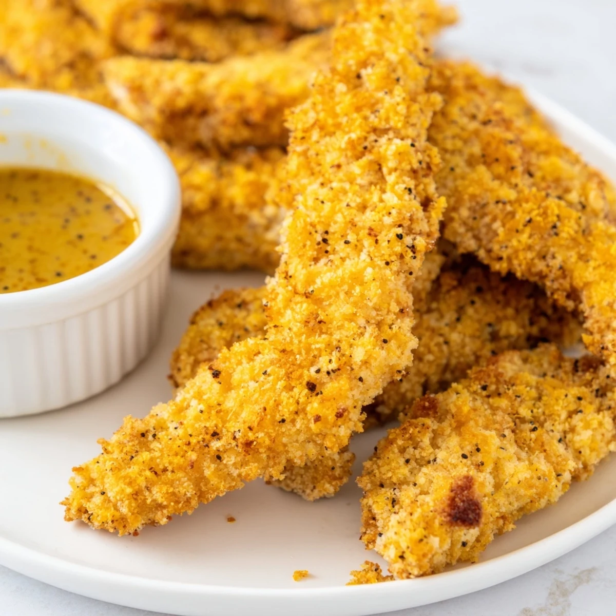 Golden honey mustard chicken tenders with crispy breadcrumb coating served alongside tangy dipping sauce