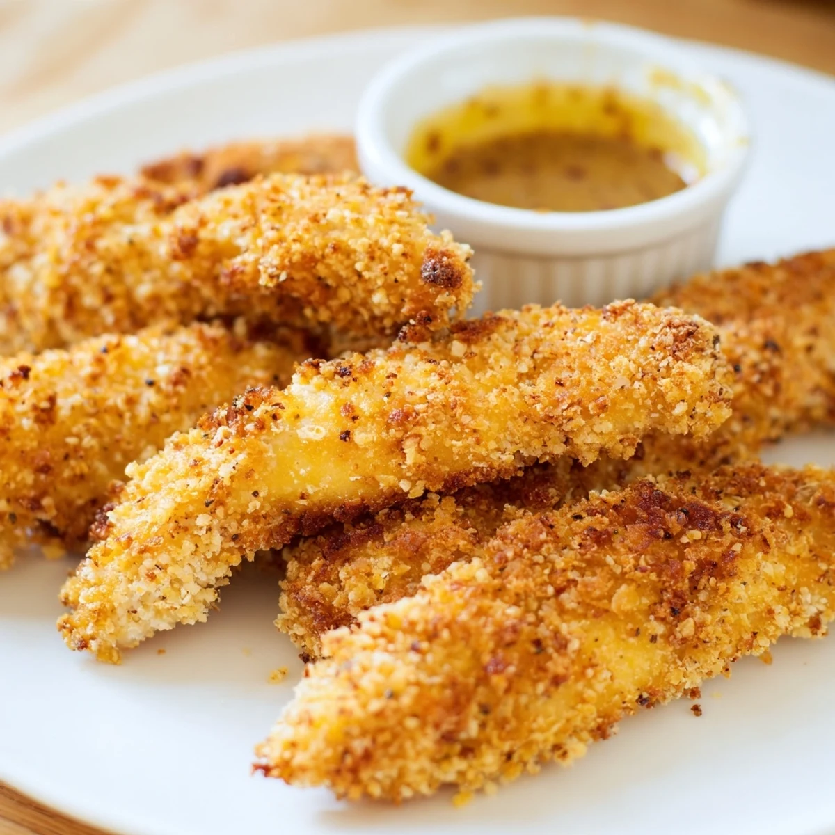 Baked chicken strips feature a perfectly crisp crust ready for dipping into homemade honey mustard sauce