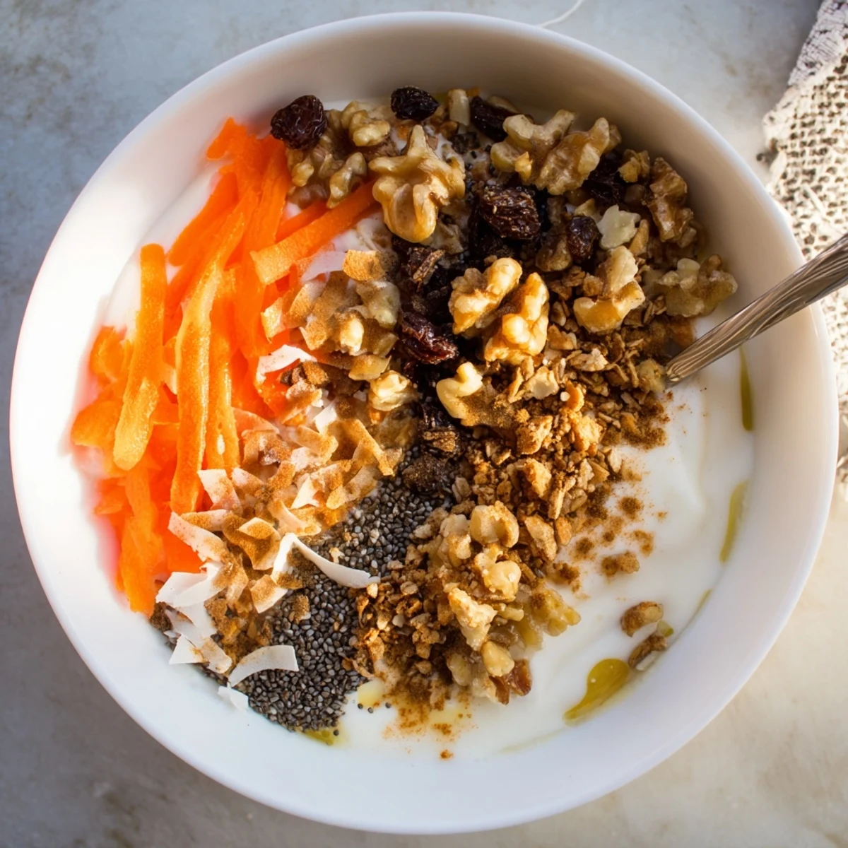 Creamy carrot cake yogurt bowl topped with grated carrots, walnuts, raisins, coconut and warm cinnamon spice
