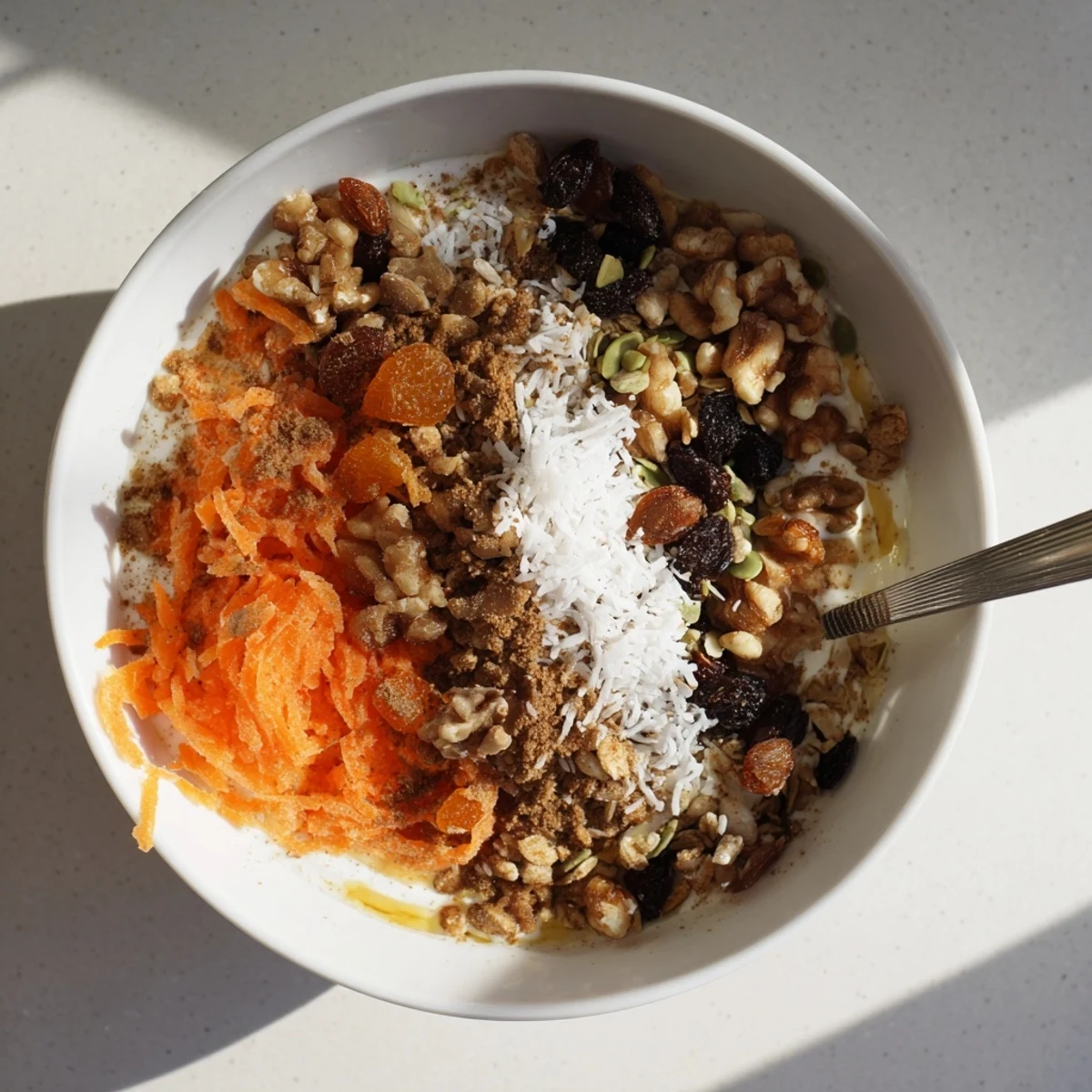 Healthy carrot cake yogurt bowl with spiced Greek yogurt, crunchy pecans, shredded coconut and granola