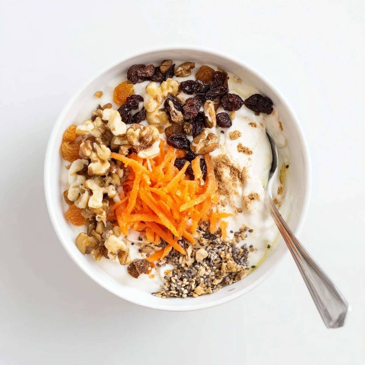 Wholesome carrot cake yogurt bowl featuring grated carrots, maple syrup, chia seeds and sweet raisins
