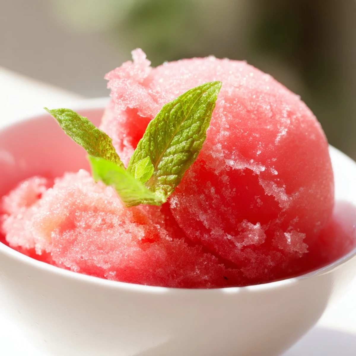 Fluffy pink watermelon sorbet scooped into a chilled glass bowl with fresh mint garnish