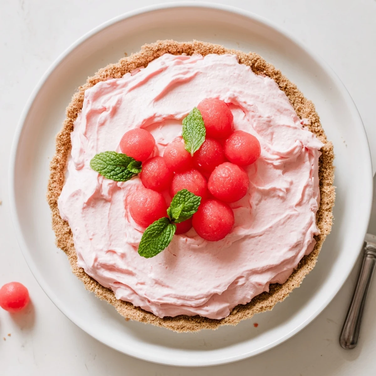 Chilled watermelon pie with creamy pink filling in a graham cracker crust topped with fresh mint