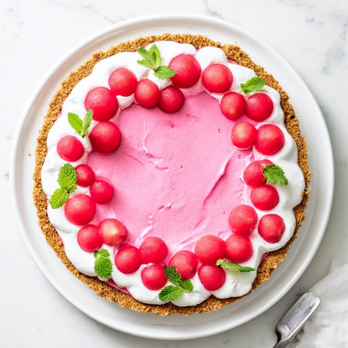 Summer watermelon pie slice showing fluffy pink filling with fresh watermelon garnish on white plate