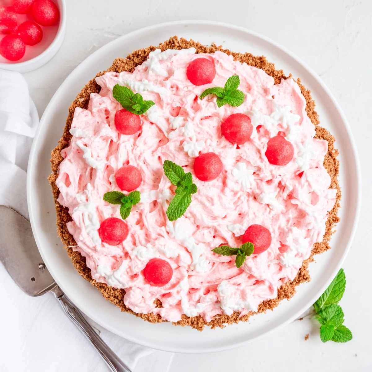 Creamy watermelon pie dessert with graham cracker crust and whipped cream rosettes for summer gatherings