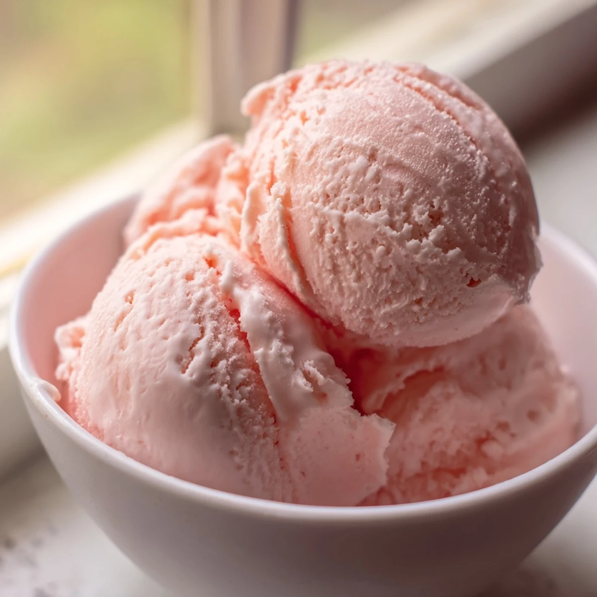 Pink homemade watermelon ice cream swirling in a vintage glass dish on wooden table