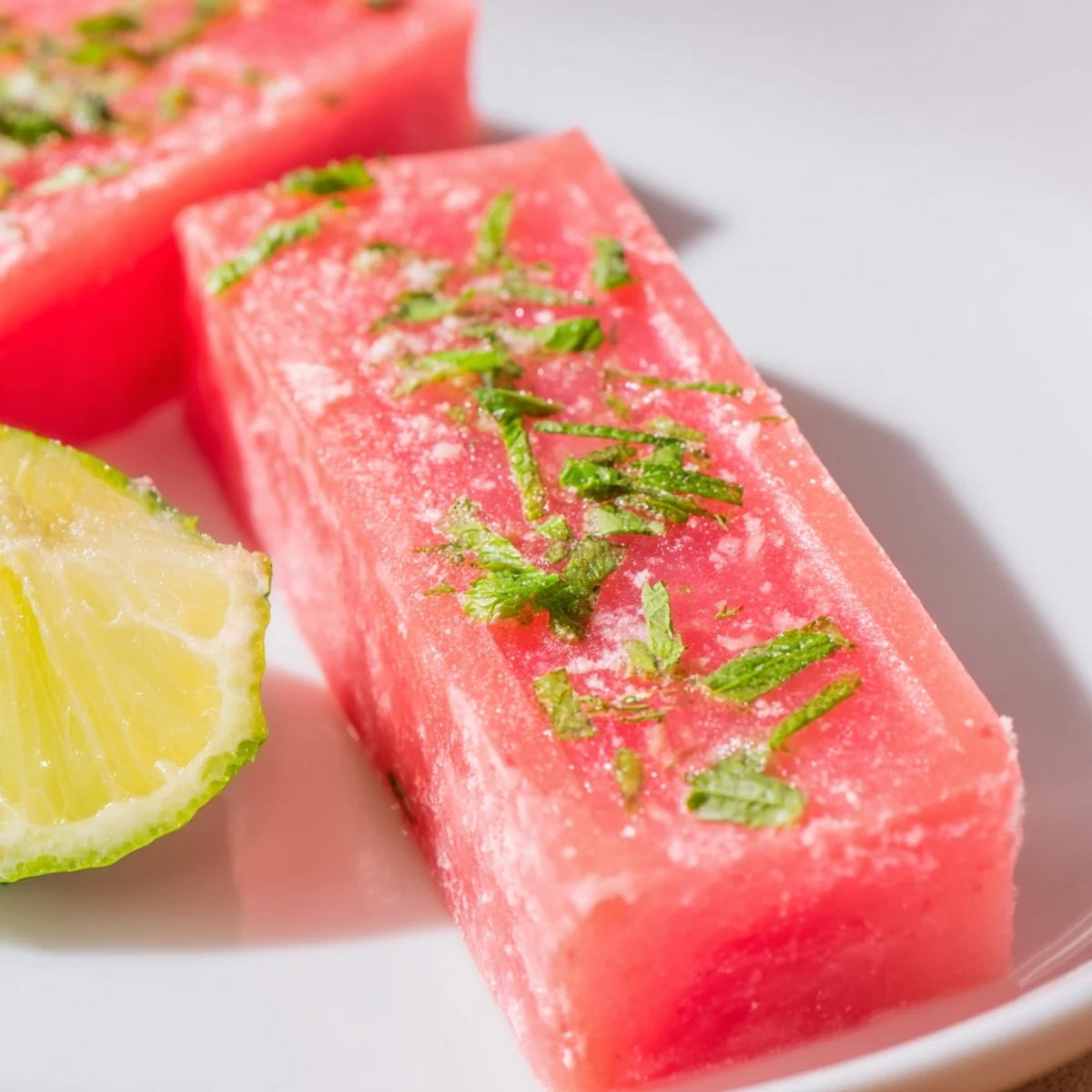 Frozen watermelon lime bars displayed on a white plate garnished with fresh mint leaves
