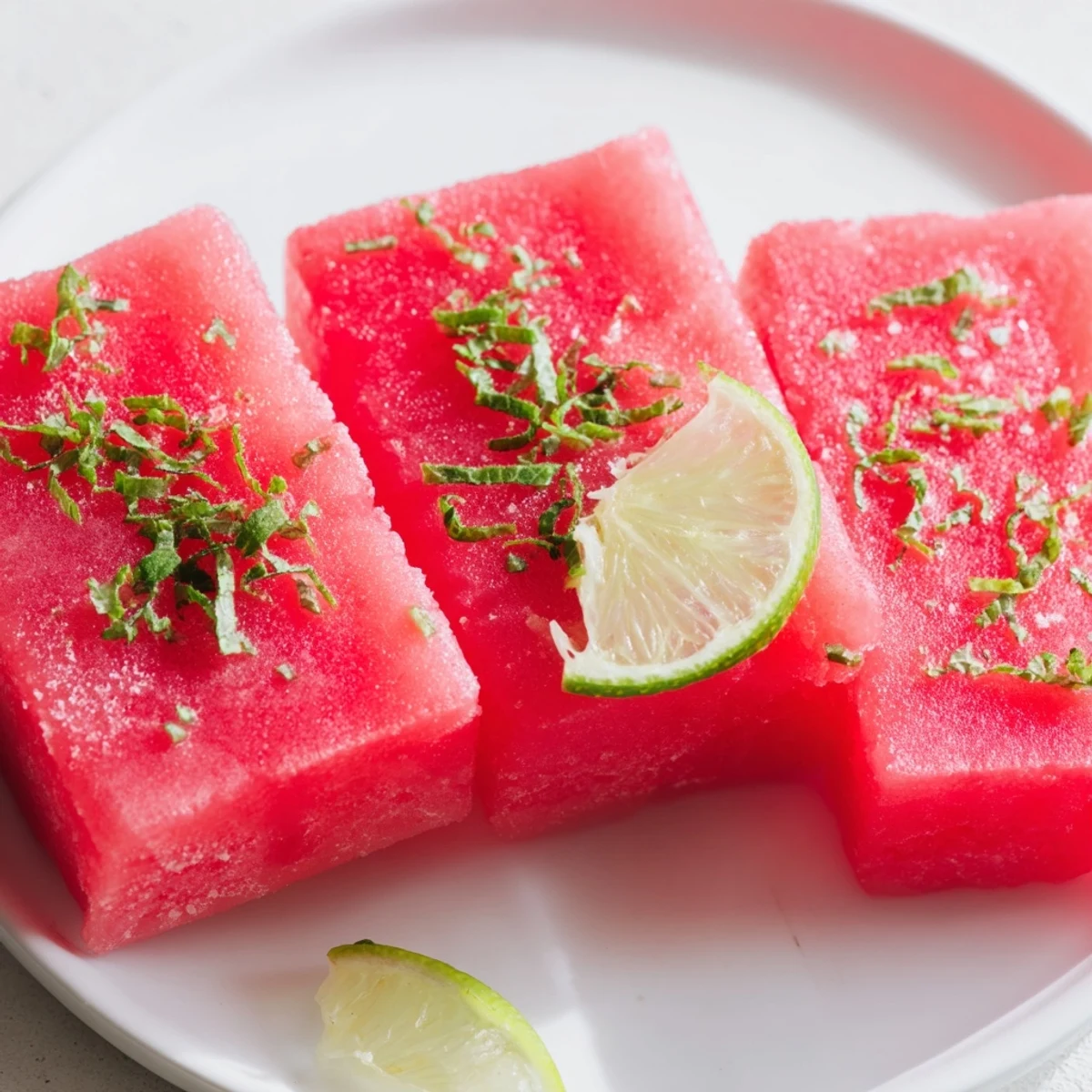 Close up of refreshing watermelon lime bars with bright green mint sprinkled on top