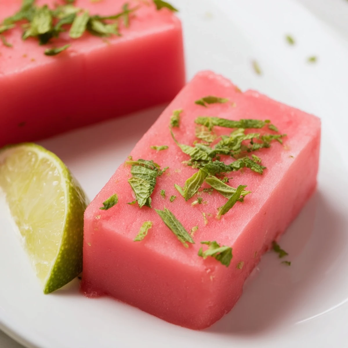Vibrant pink frozen watermelon lime bars cut into squares with lime wedge on side