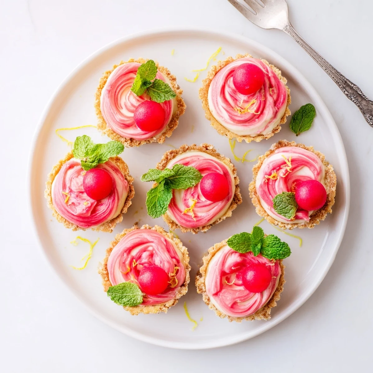 Summer frozen watermelon lemon cream tarts on a white plate garnished with watermelon balls and lemon zest.
