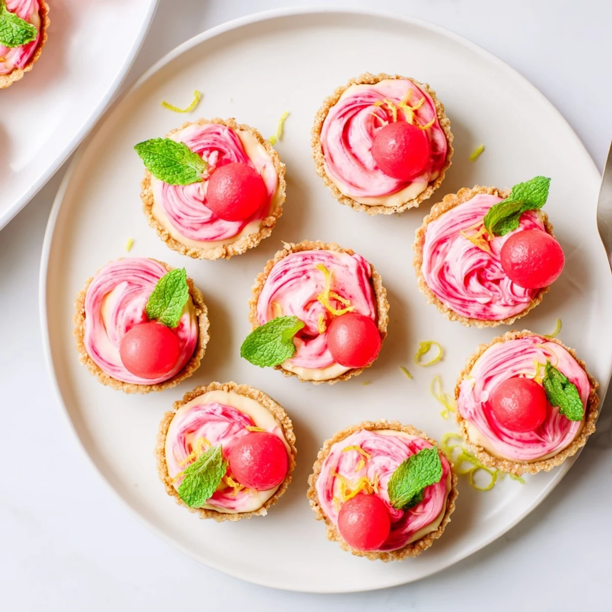 Frozen watermelon lemon cream tarts with swirled pink layers in golden graham cracker shells topped with fresh mint.