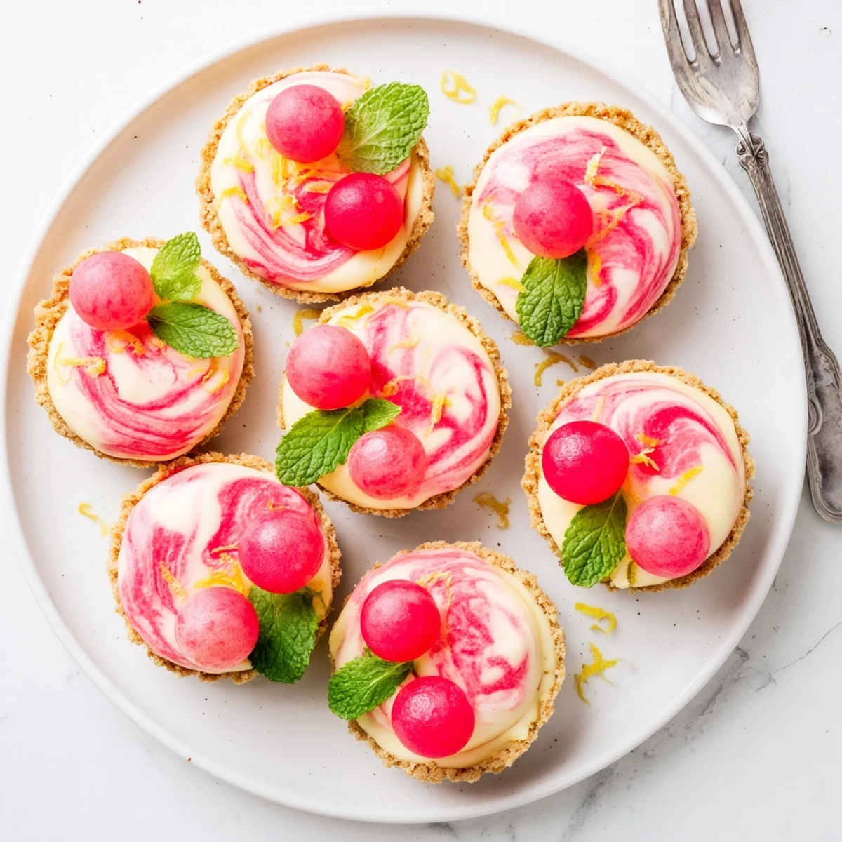 Close-up of frozen watermelon lemon cream tarts showing marbled pink and cream layers with crisp tart shells.
