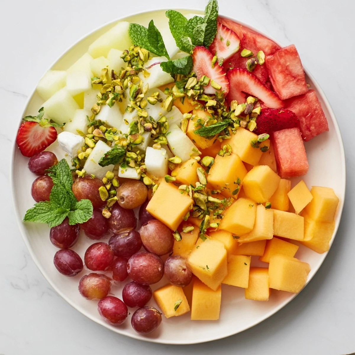 Colorful mixed melon salad arranged on white plate with fresh mint, basil, and toasted pistachio garnish