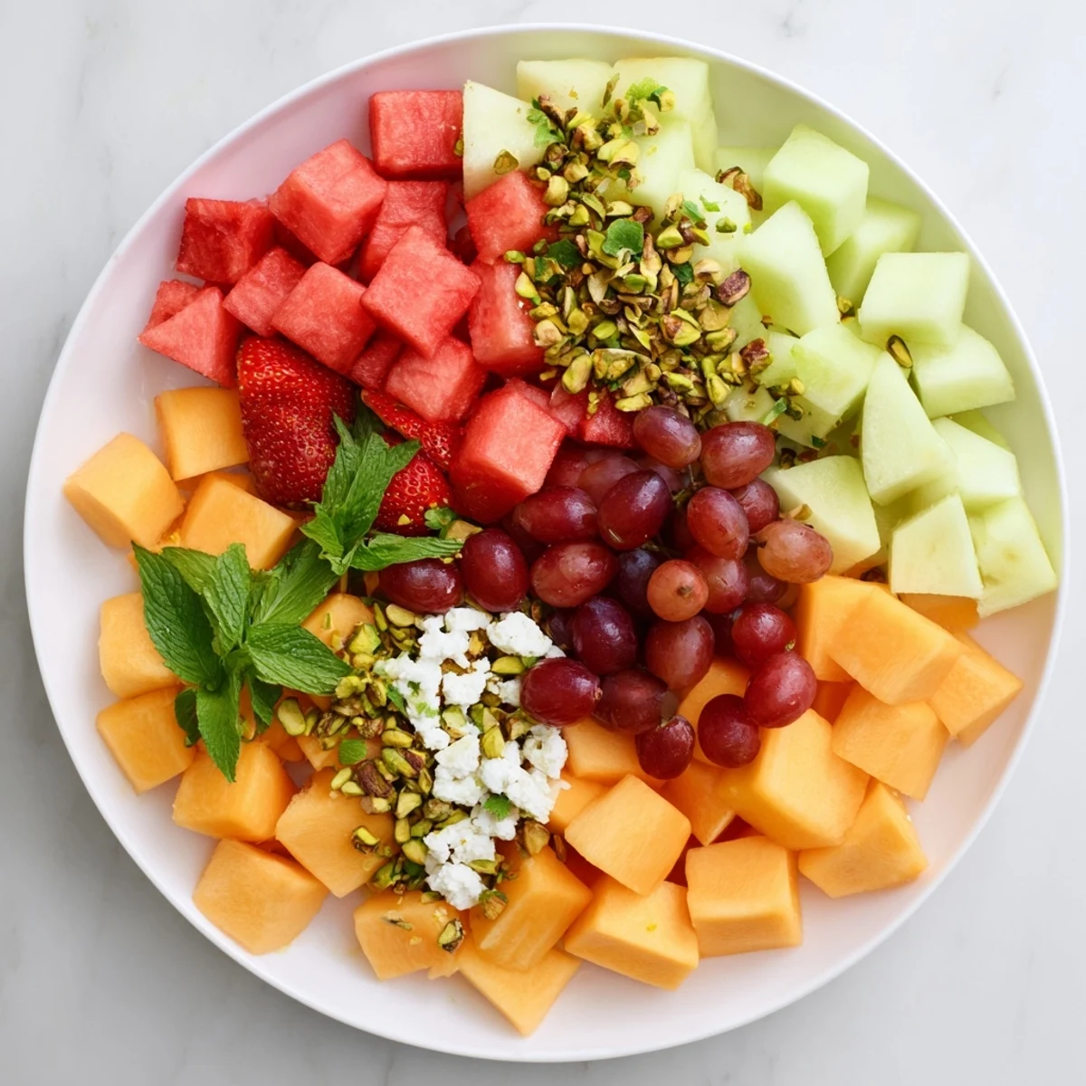 Fresh summer fruit salad bowl with watermelon, strawberries, cantaloupe, honeydew, and crumbled feta cheese topping