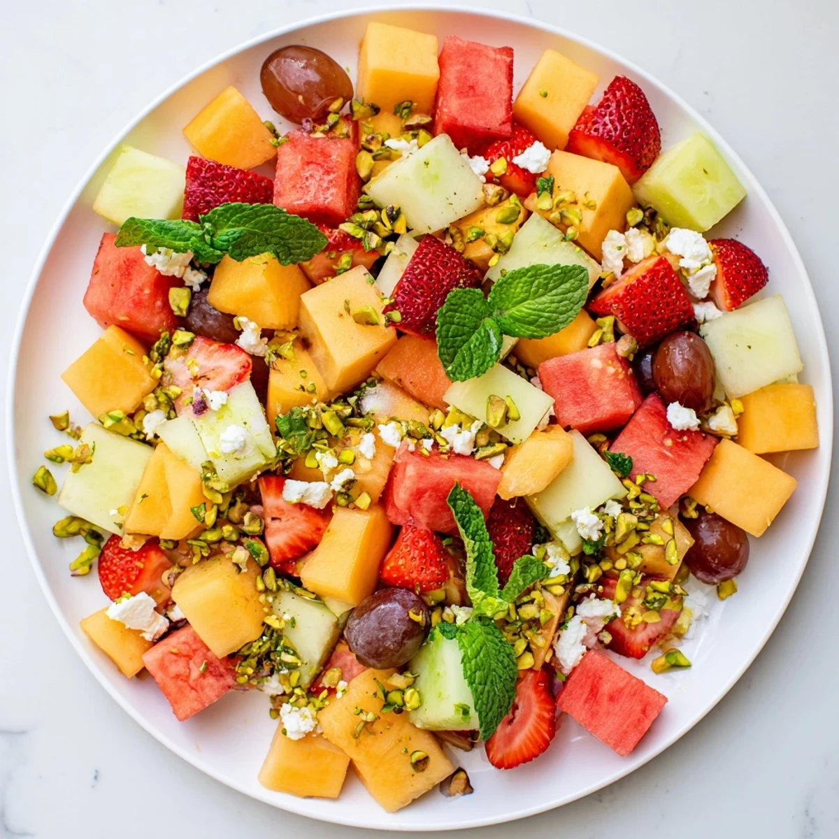 Vibrant summer fruit salad featuring cubed melons, berries, and creamy feta cheese dressed with lime honey glaze