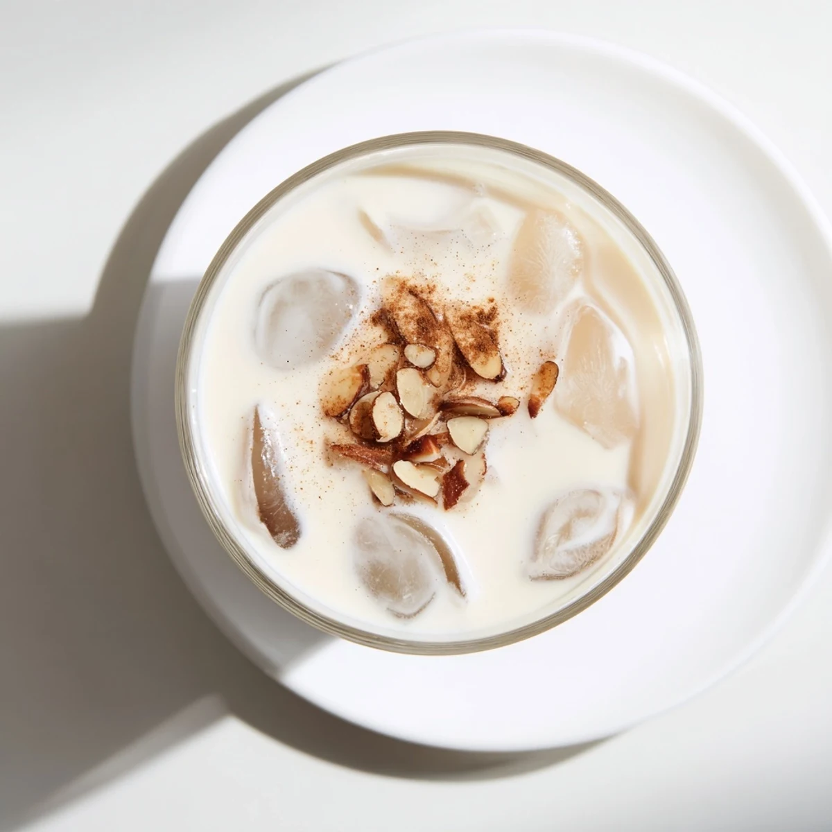 Chilled glass of refreshing summer roasted almond milk drink with cream topped with ice