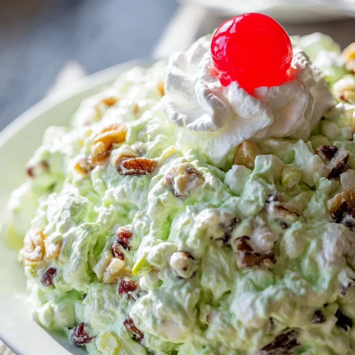 Fluffy green Watergate Salad dotted with marshmallows, pineapple, and whipped topping in a glass bowl