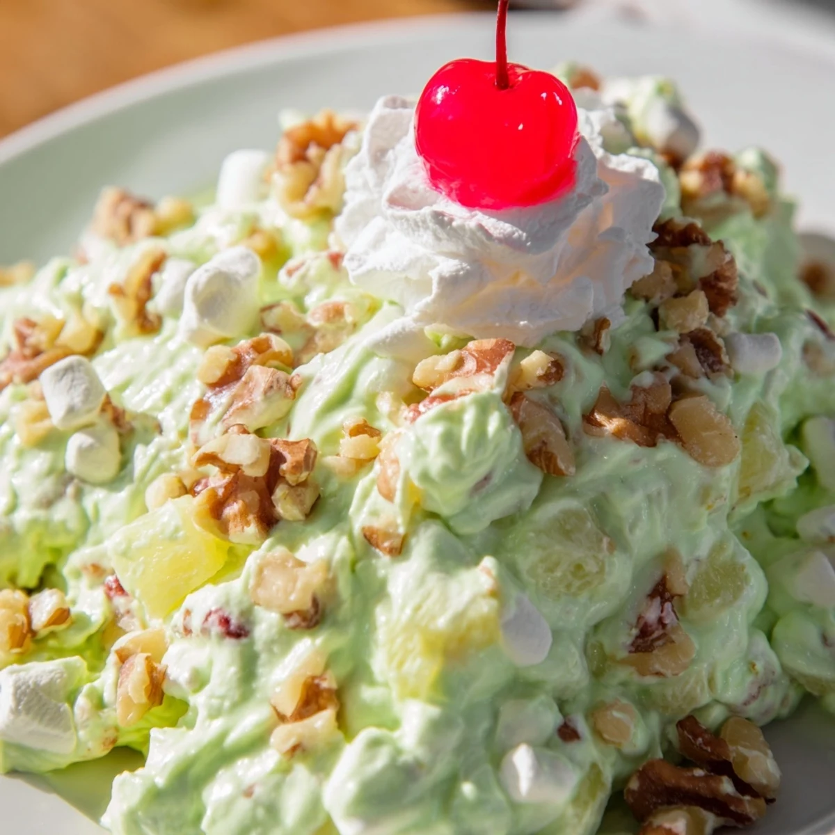 Creamy vintage Watergate Salad dessert showcasing light green fluffy texture with pineapple and marshmallow folds