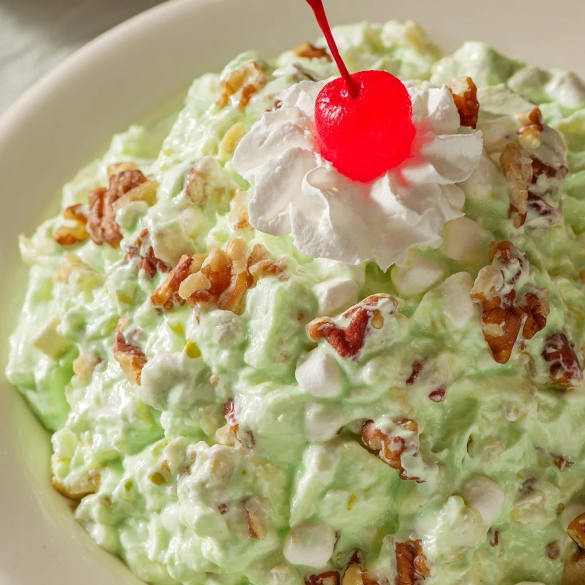 Retro pistachio Watergate Salad recipe garnished with maraschino cherries and chopped walnuts for holiday gatherings