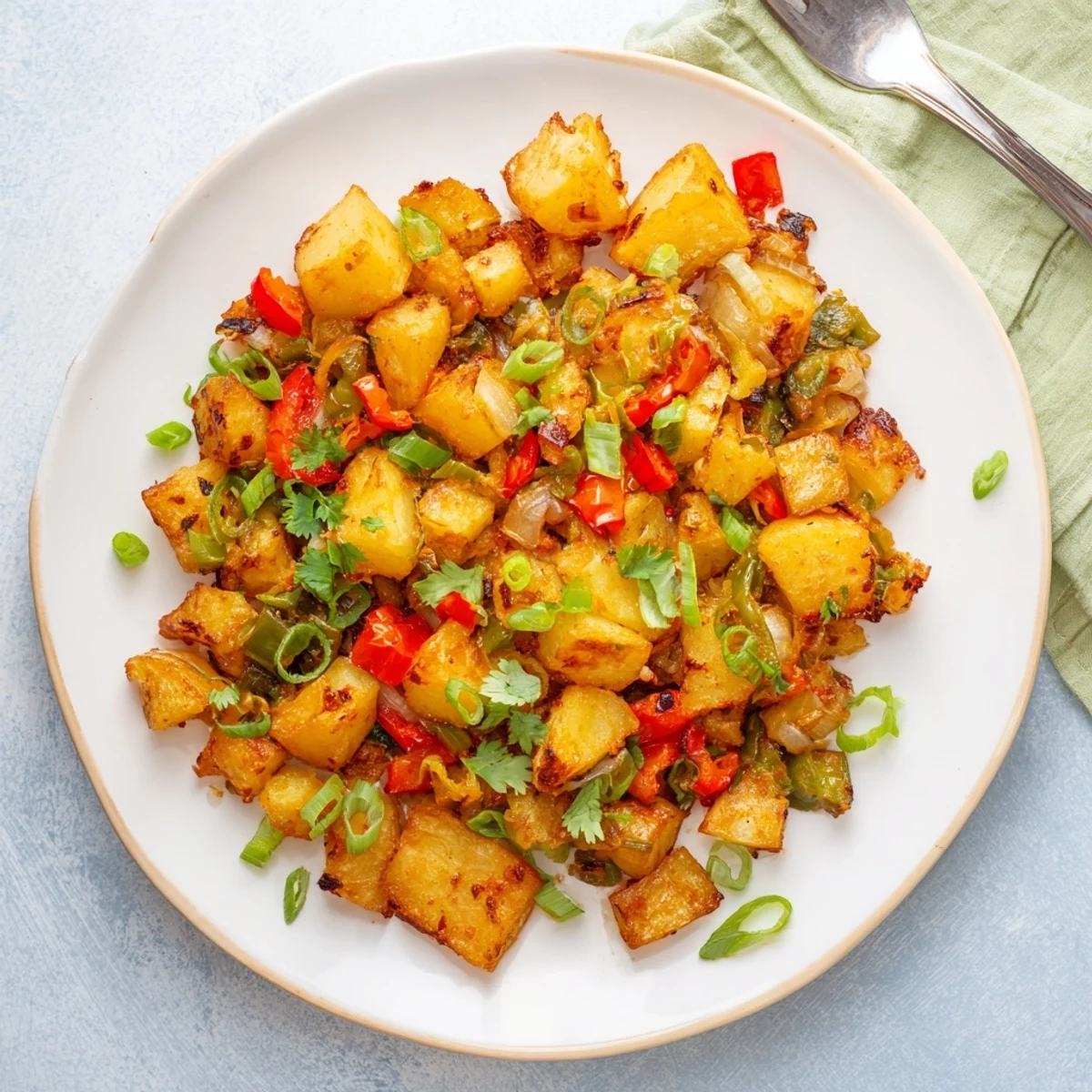 Golden crispy Green Chile Hash With Crispy Potatoes served in a cast iron skillet with melted cheddar cheese and fresh cilantro garnish