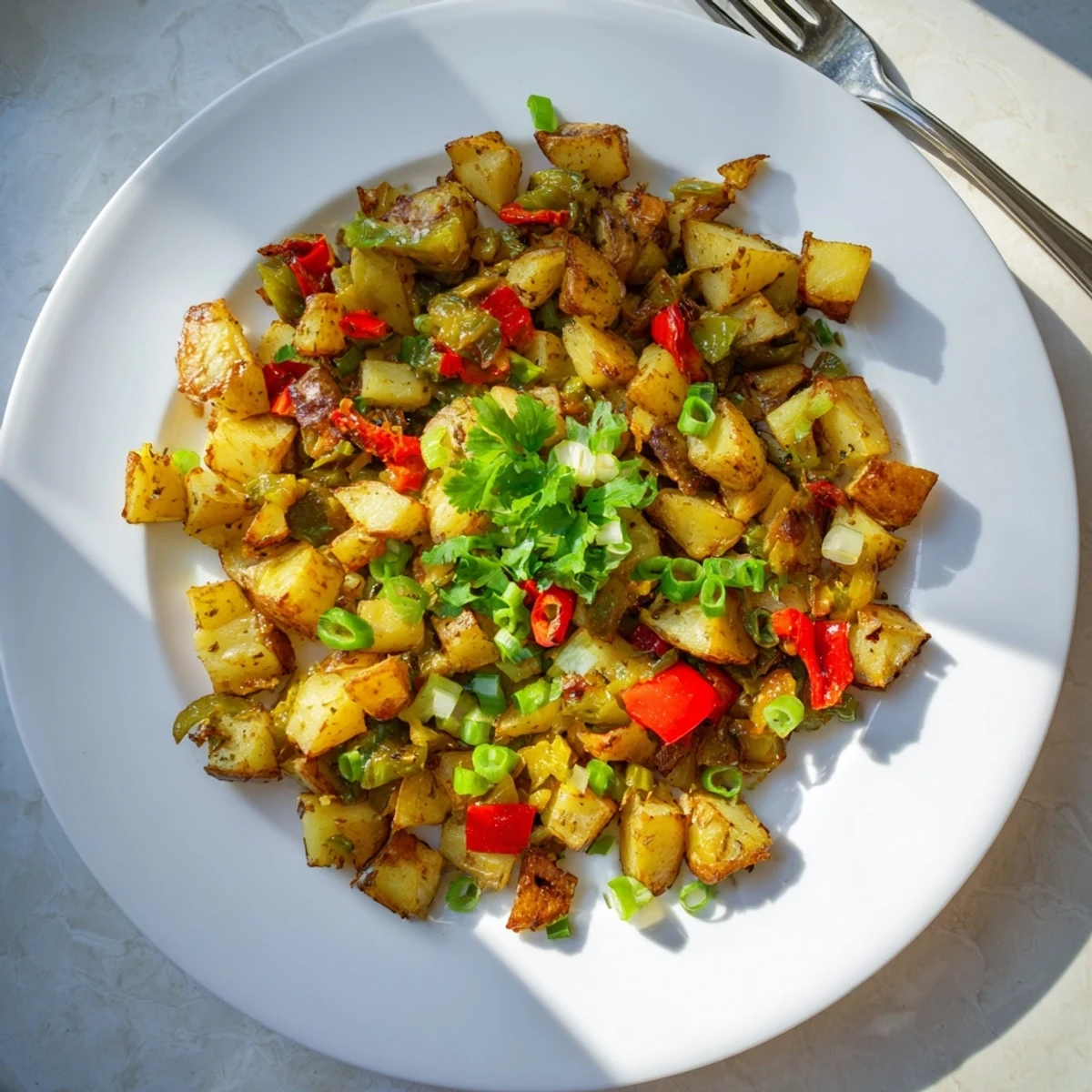 Steamy plate of Southwestern Green Chile Hash With Crispy Potatoes topped with a perfectly fried egg and sliced green onions