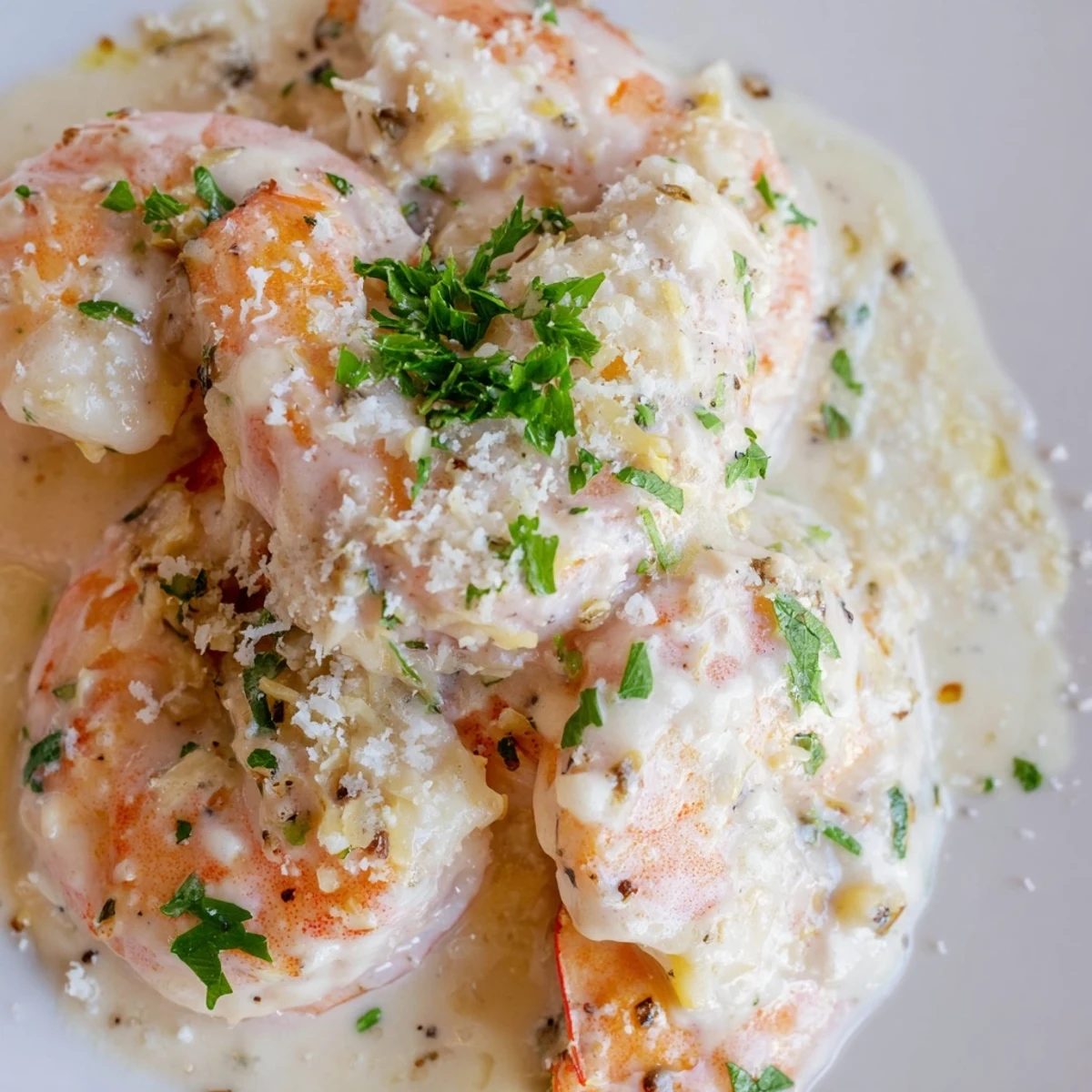 Golden garlic cream shrimp plated in rich white sauce with fresh parsley garnish