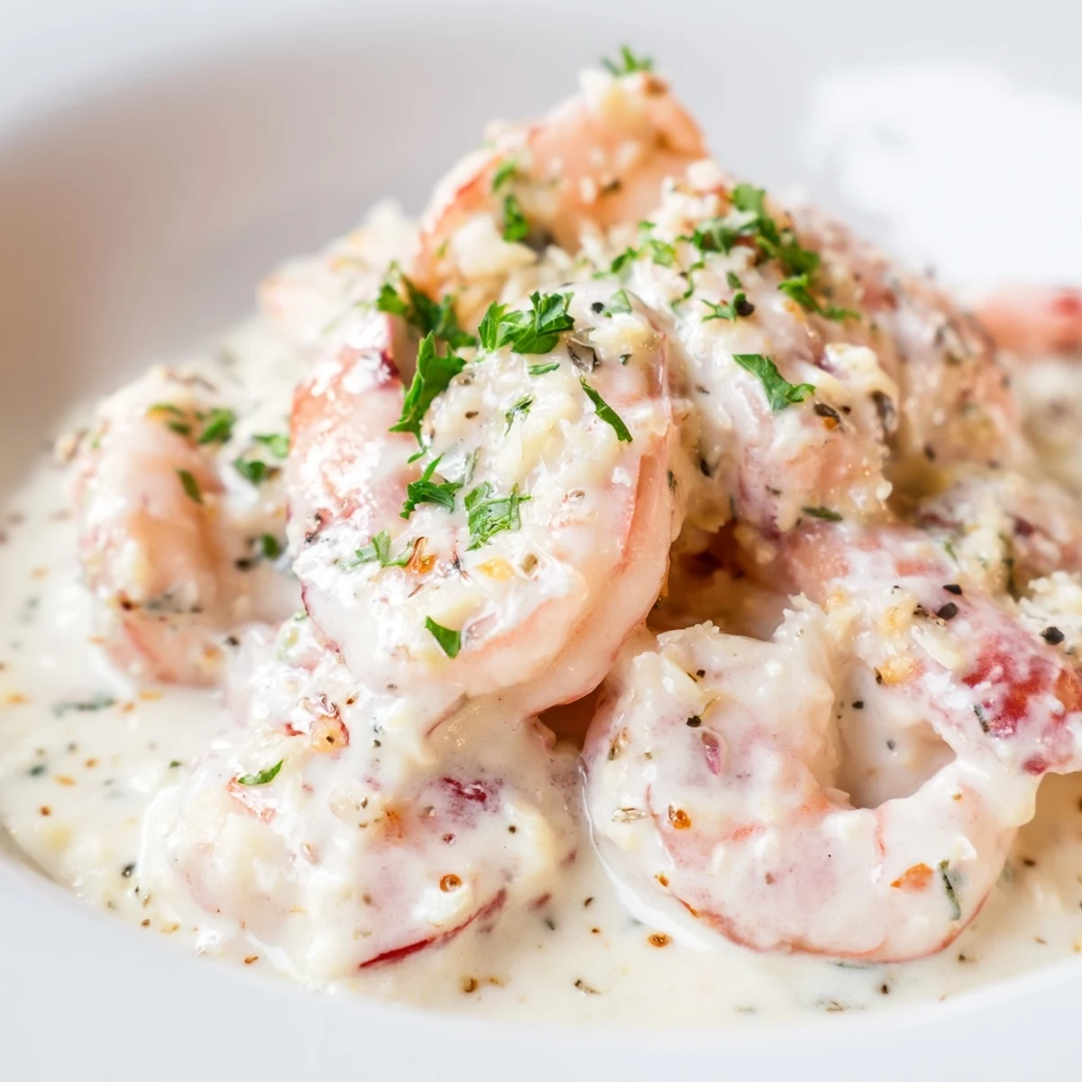 Succulent shrimp swimming in buttery garlic parmesan cream sauce served over rustic white plate