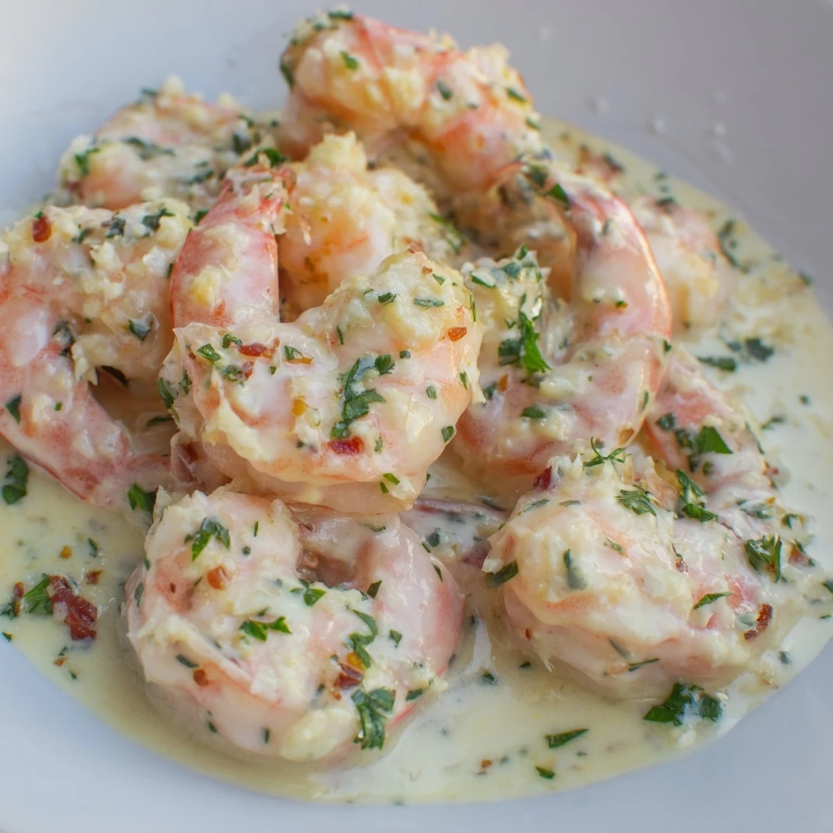 Pink plump garlic cream shrimp coated in silky sauce topped with bright green herbs