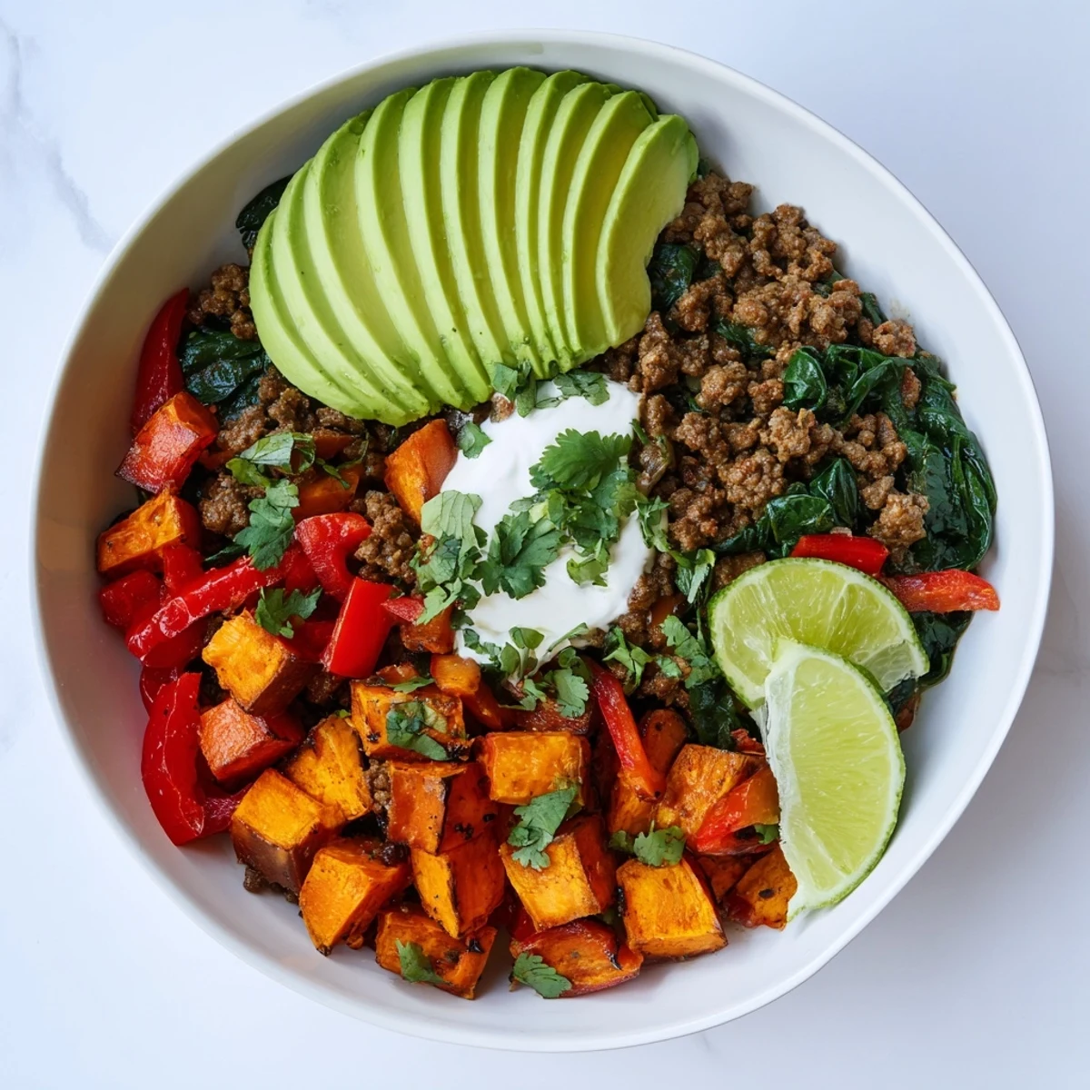 Colorful meal prep bowl featuring caramelized sweet potatoes, spiced beef, and vibrant vegetables in this hearty beef sweet potato bowl recipe