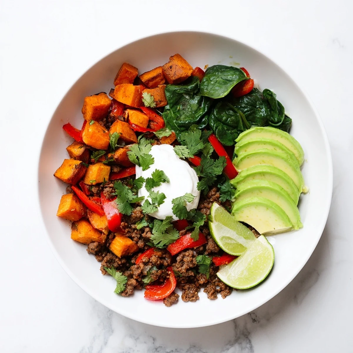 Nutritious layered bowl with tender roasted sweet potatoes, savory ground beef mixture, and creamy toppings for a complete beef sweet potato bowl recipe