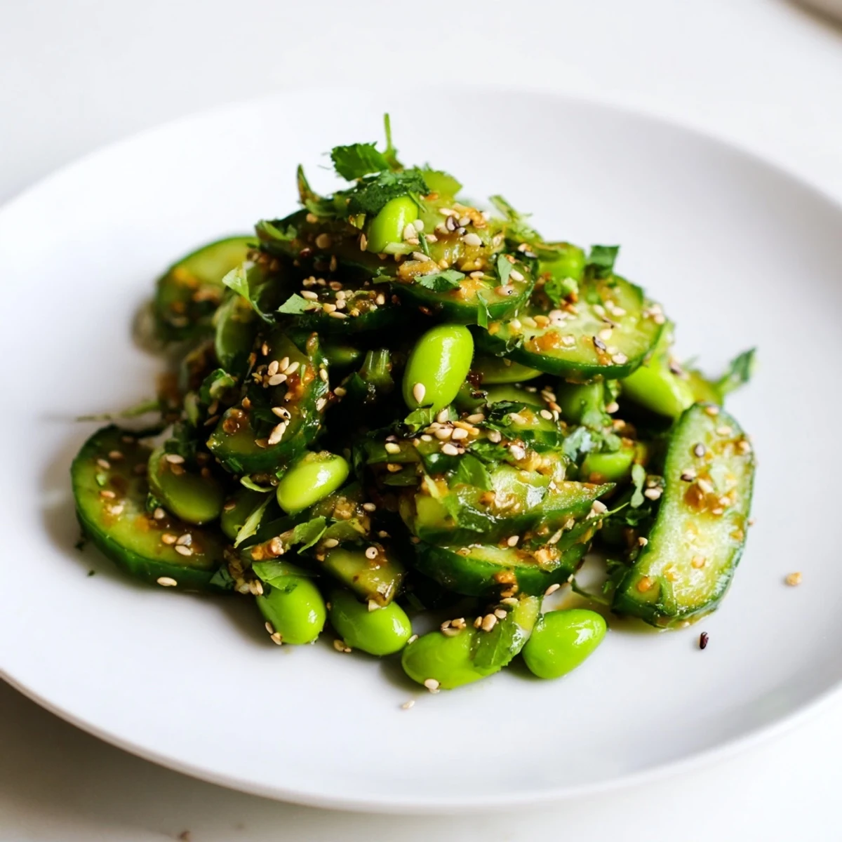 Crisp cucumber slices and tender edamame drizzled with zesty sesame soy ginger dressing