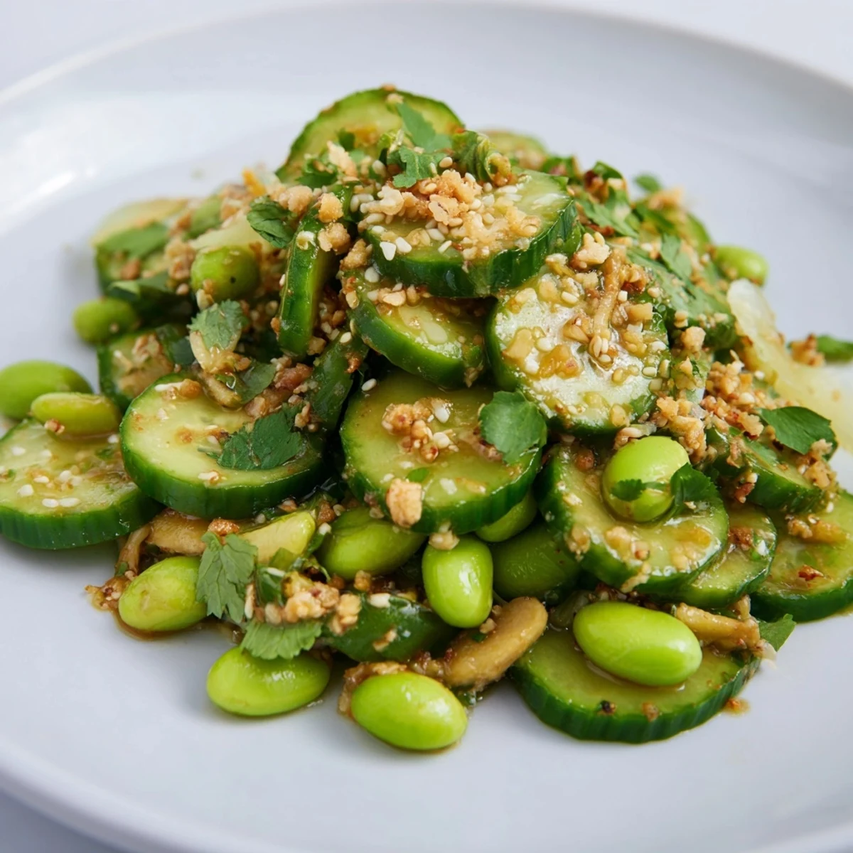 Fresh Japanese edamame cucumber salad tossed in creamy sesame dressing with green onions
