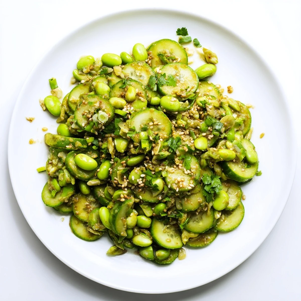 Vibrant green salad featuring edamame and cucumbers garnished with toasted sesame seeds and cilantro