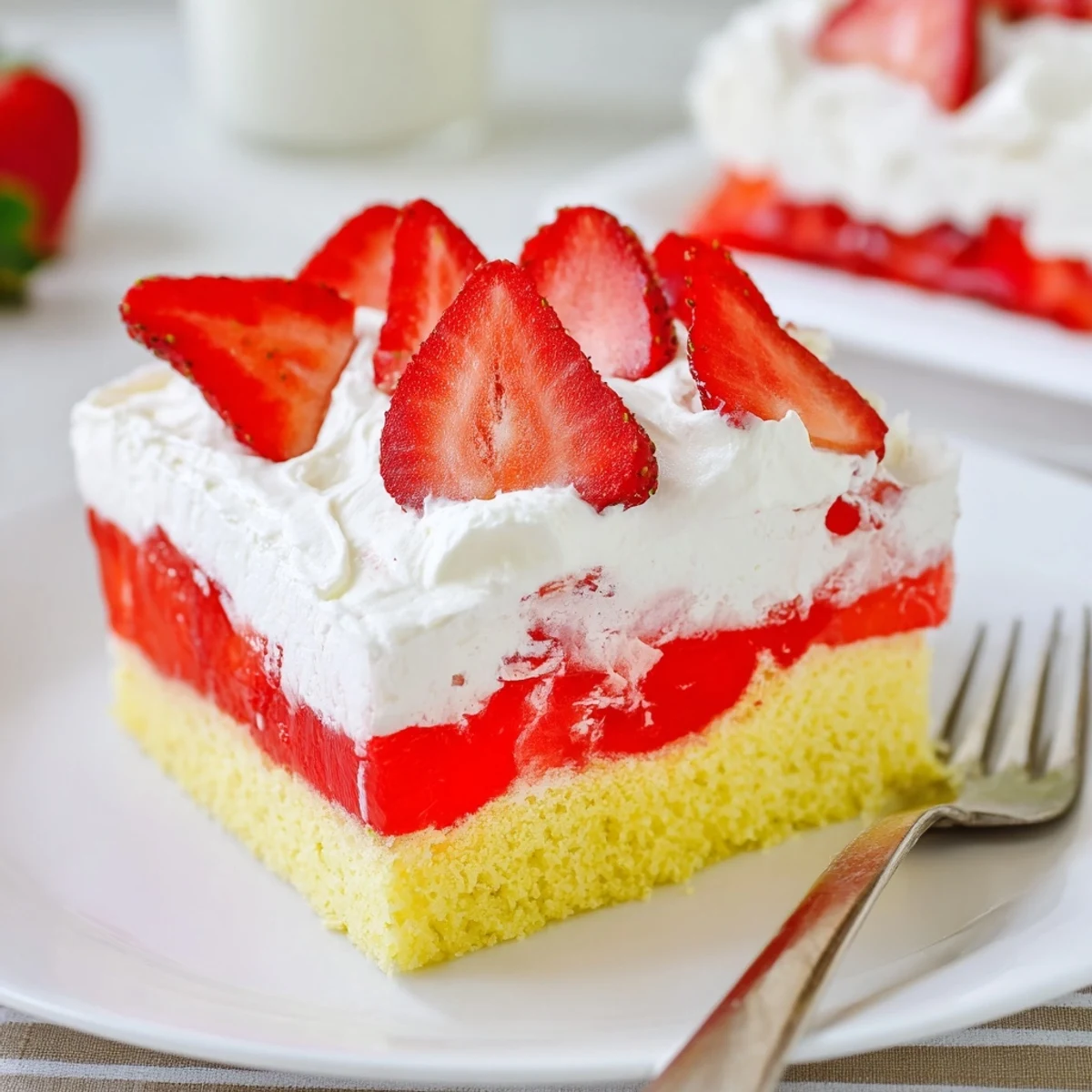 Golden sponge cake topped with fluffy whipped cream and garnished with fresh sliced strawberries